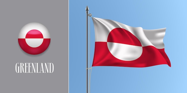 Greenland waving flag on flagpole and round icon vector illustration. Realistic 3d mockup with design of Greenlandian flag and circle button