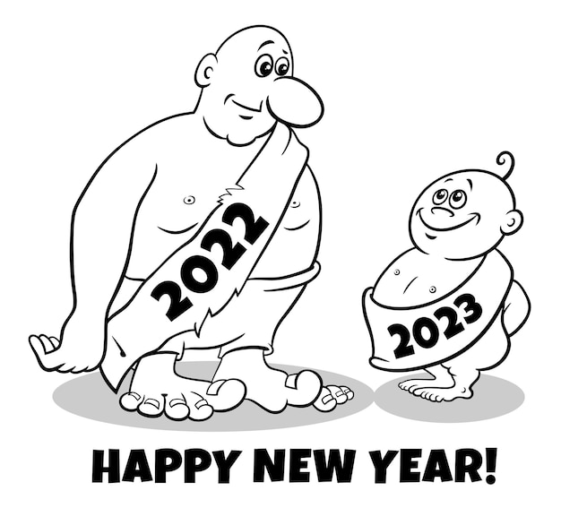 Greeting card cartoon illustration with old and new year