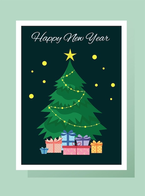 Greeting card, christmas tree with gifts and garland