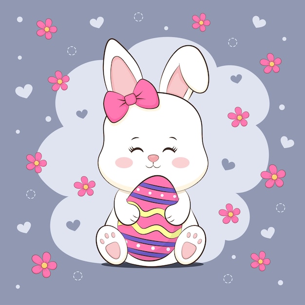 Greeting card cute cartoon bunny with flowers