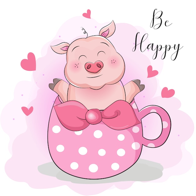 greeting card cute cartoon pig with cup tea surprise