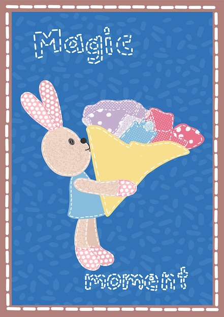 Greeting card. Cute rabbit. patchwork sewing Children's applique made of fabric. A bouquet of flowers made of fabric. Print for postcards, fabrics, clothes. Postcard for March 8, Valentine's Day