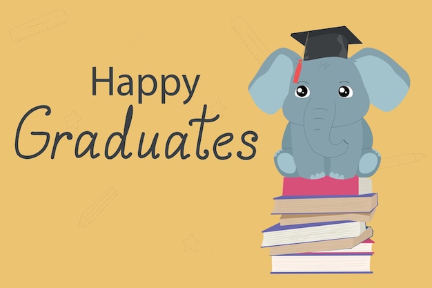 Greeting card of graduation Elephant sitting on stack of books