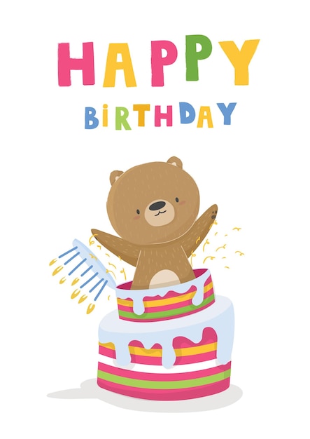 Vector greeting card happy birthday card cartoon happy holiday bear jumps out of the cake