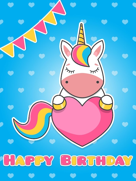 Greeting card Happy Birthday A cute unicorn is holding a pink heart cartoon flat vector illustration