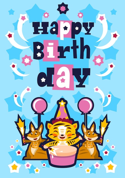 Greeting card happy birthday Designed for printing invitations wishes Lion Drumming Kangaroo and her baby Squib Balloon explosion fireworks stars Blue background Vector illustration