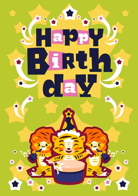 Greeting card happy birthday Designed for printing invitations wishes Music Orchestra Tiger plays the drum lion playing the flute Sprockets fireworks Green background Vector illustration