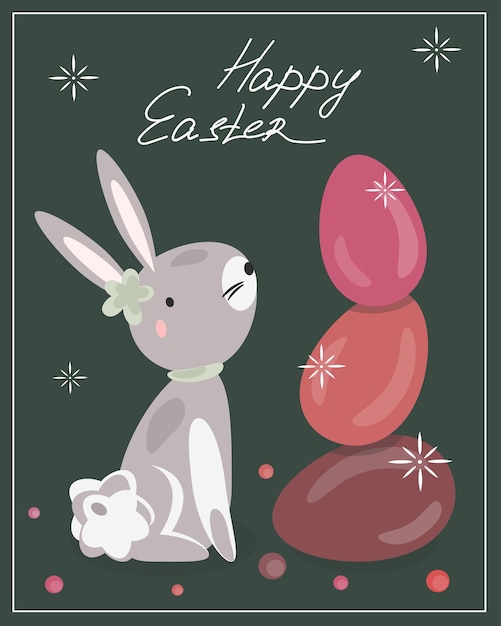 Greeting card happy Easter rabbit with pink eggs