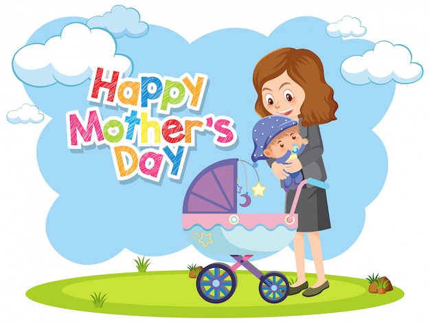 Greeting card for happy mother's day with mom and baby