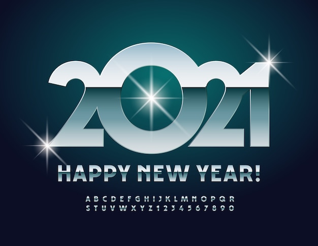  greeting card Happy New Year 2021! Modern metallic Font. Glossy Alphabet Letters and Numbers