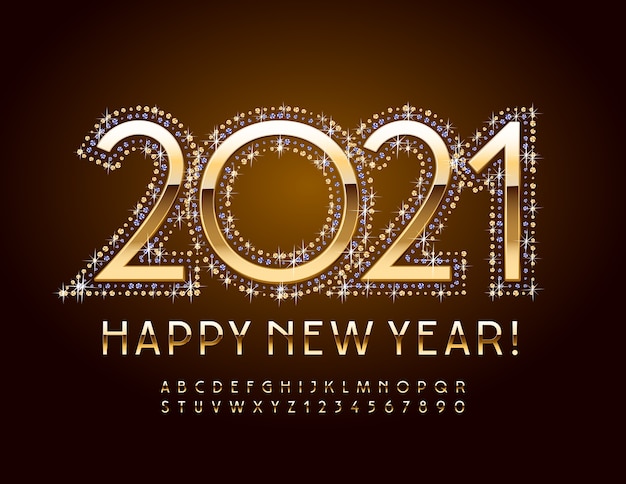  greeting card Happy New Year 2021! Royal Gold Font. Elite Alphabet Letters and Numbers set