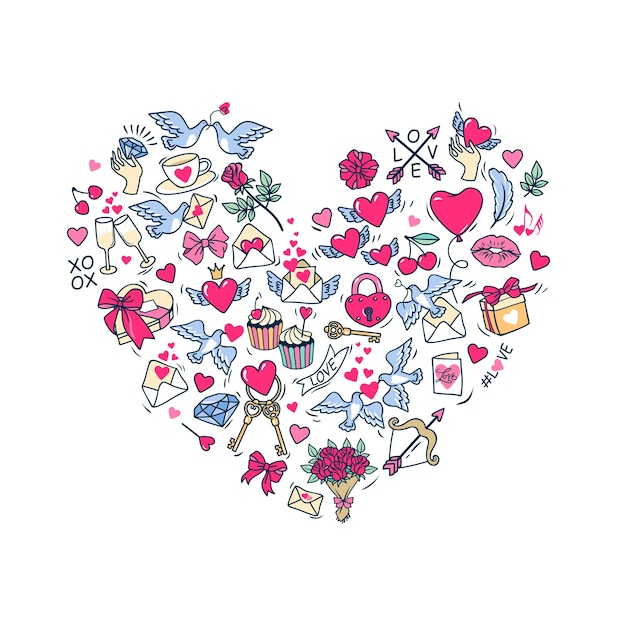 Greeting card for Happy St. Valentine's day. Shape of a heart consisting of the symbols and elements