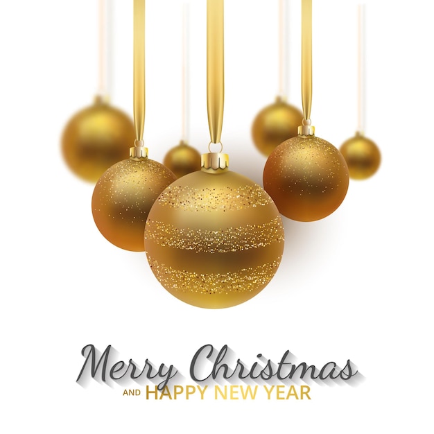 Greeting card, invitation with happy New year and Christmas. Metallic gold Christmas balls, decoration, shimmering, shiny confetti on a white background.