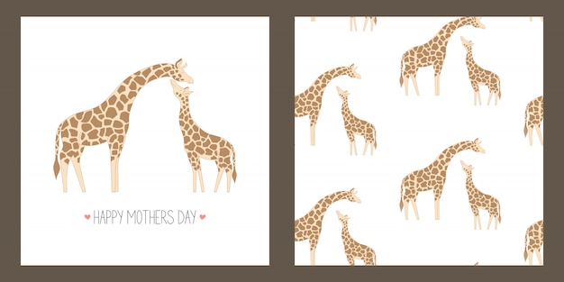 Greeting card for mother's day and seamless pattern with cute giraffe.