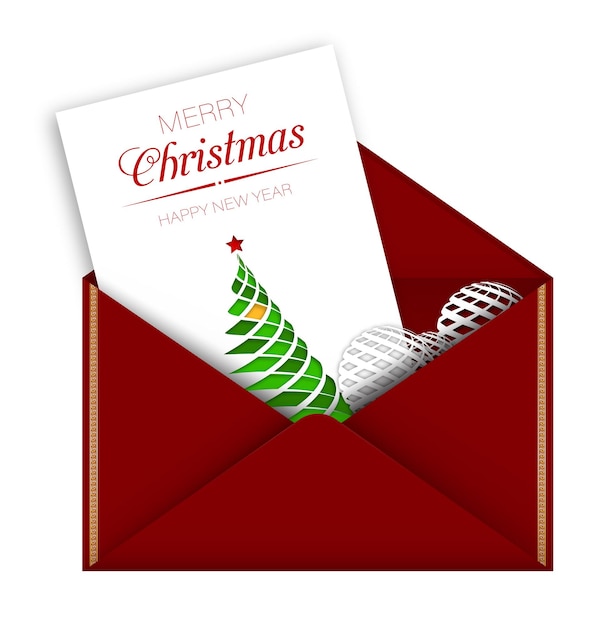 Greeting card in red envelope for christmas and new year Delivery of holiday mail by santa claus Merry christmas and new year 2021 Realistic vector on white background