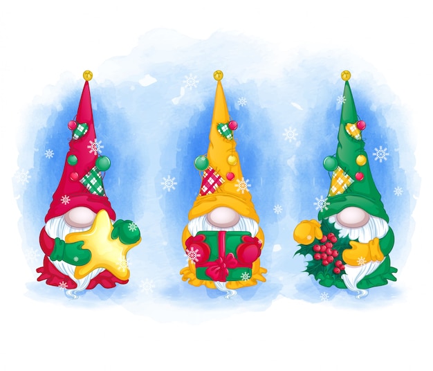 Greeting card set. Three funny gnomes in long hats 