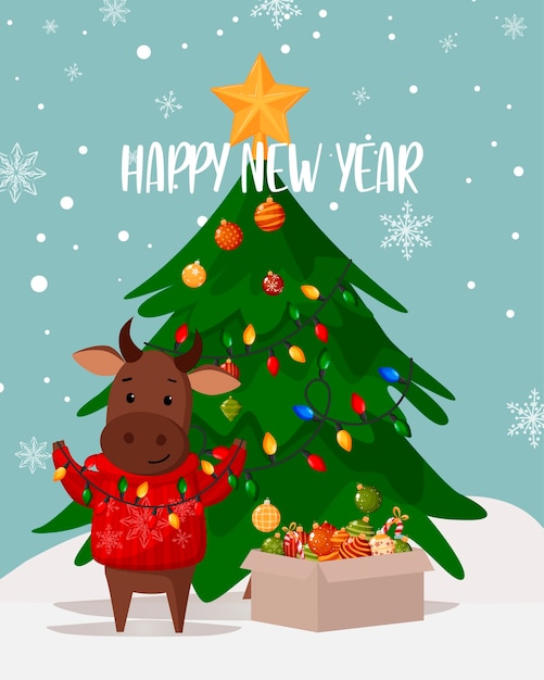 Greeting card. The symbol of 2021 is the bull. Decorates the Christmas tree