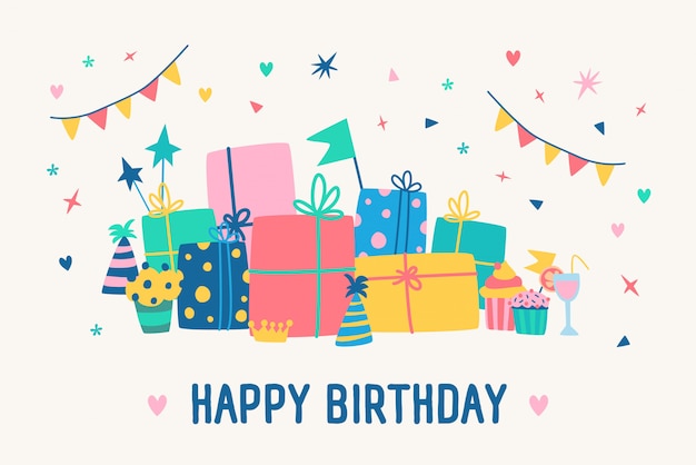 Greeting card template with Happy Birthday inscription and pile of gift boxes