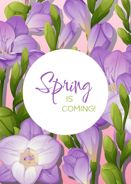 Greeting card template with spring flowers banner poster with purple freesia vector illustration of