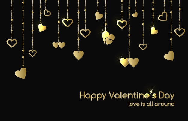 Greeting card for Valentines Day with hanging gold shine hearts