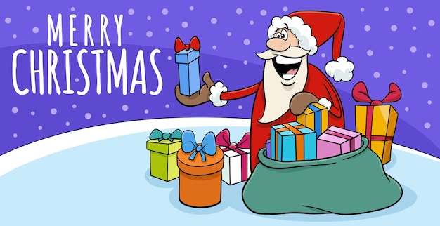 Greeting card with cartoon Santa Claus character giving presents on Christmas time