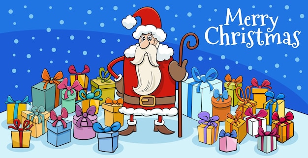 Greeting card with cartoon Santa Claus character with many presents on Christmas time