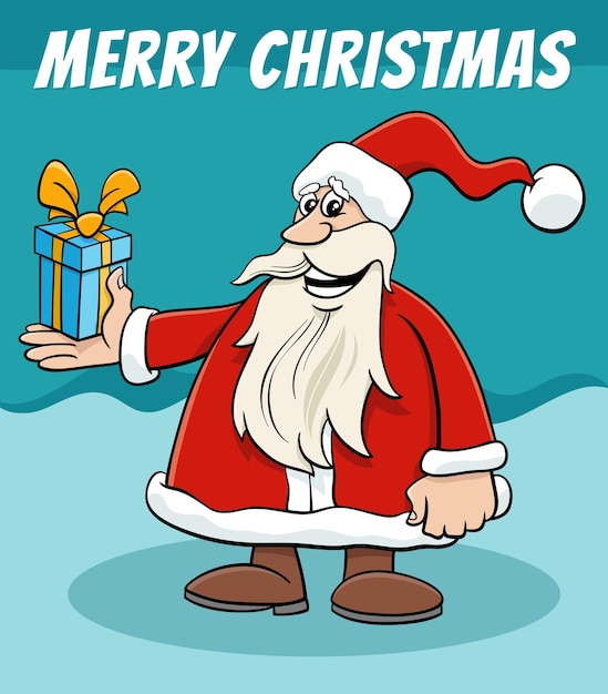 greeting card with cartoon Santa Claus with present on Christmas time