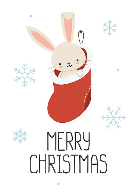 Greeting card with christmas bunny in the sock Festive poster with cute rabbit in the christmas sock