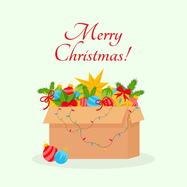 Greeting card with Christmas decorations in a box Vector illustration