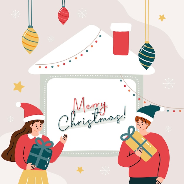 greeting card with Christmas people and landscape decorated with christmas elements illustration