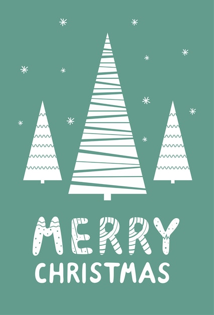 Greeting card with Christmas trees and lettering in Scandinavian style on a green background