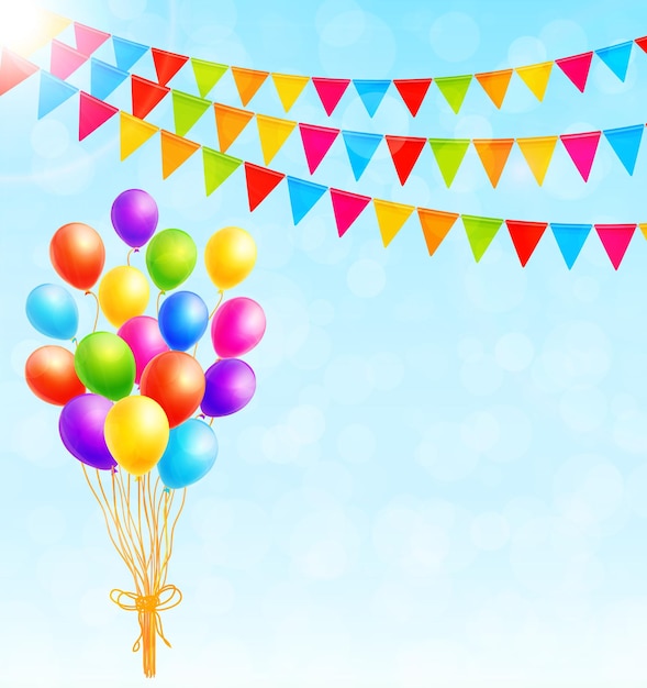 Greeting card with colorful balloons and flags