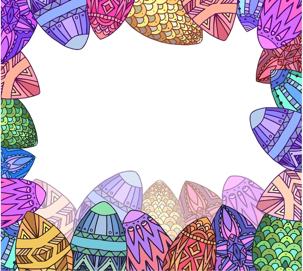 Greeting card with colorfull doodle festive eggs with boho patte