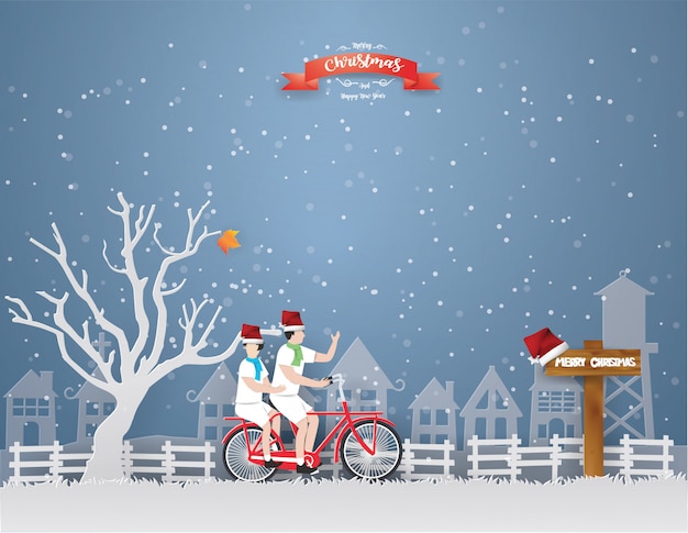 Greeting card with Couple riding a red bike in Christmas