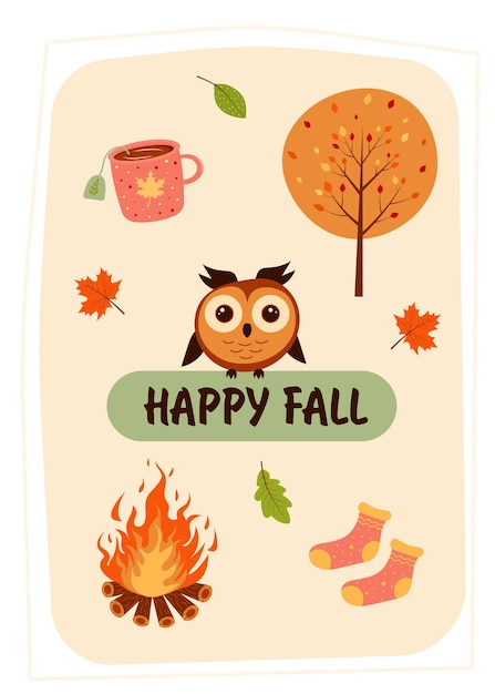 Greeting card with cute owl fire socks autumn tree mug of tea and autumn leaves Happy fall quote