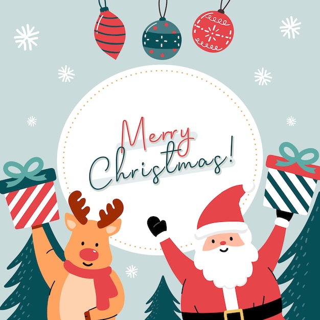 greeting card with deer and santa holding gifts