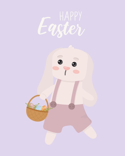 Greeting card with Easter bunny and basket Vector illustration Happy Easter