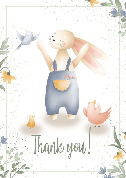 Greeting card with Easter bunny chicken bird flowers on white background