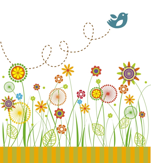 Greeting card with flowers and green grass on white background