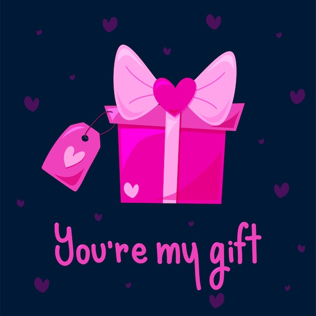 Greeting card with gift box with big cartoon bow for Valentines day with pink heart label