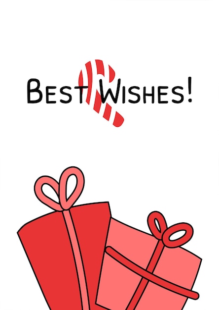 Greeting card with gift boxes and candy cane vector illustration