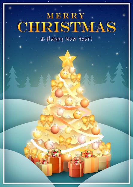 Greeting card with golden xmas tree with decorations. Yellow Fir with gifts on forest background.