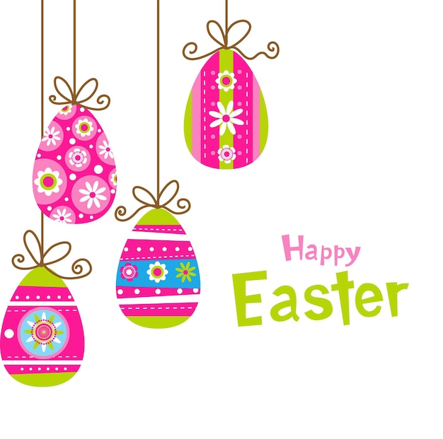 Greeting card with Hanging easter eggs on white background