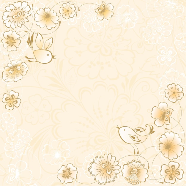 Greeting card with outlines flowers and birds