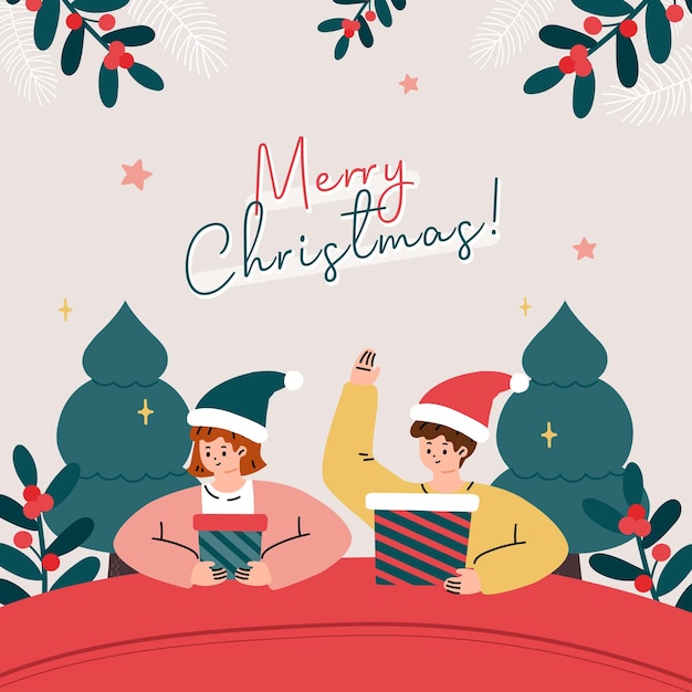 greeting card with people with santa hat and presents