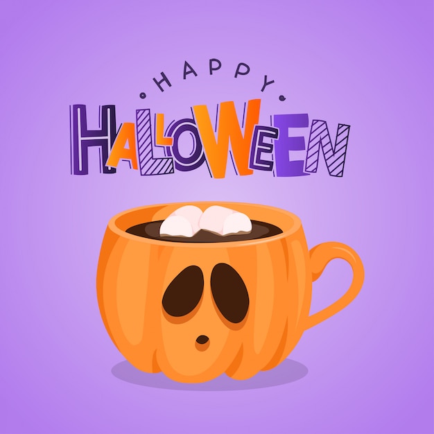 Greeting card with pumpkin coffee cup and lettering. Happy Halloween. Illustration