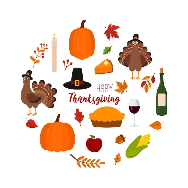 Vector greeting card with turkey and holiday symbols. happy thanksgiving. vector illustration.