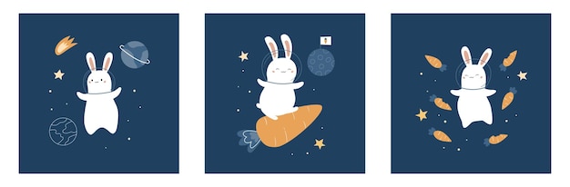 Greeting cards with space rabbits carrots stars and planets