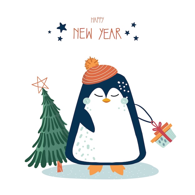 Greeting Christmas card invitation Cute penguin in red hat holds gift box Text Happy New Year