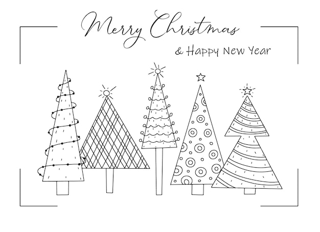 Greeting Christmas card of stylized decorated Christmas trees